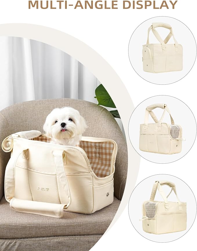 Dog Carrier for Small Dogs Rabbit cat with Large Pockets, Cotton Bag, Dog Carrier Soft Sided, Collapsible Travel Puppy Carrier (Beige, 17" L x 7.5" W x 12" H)-PawvioPets