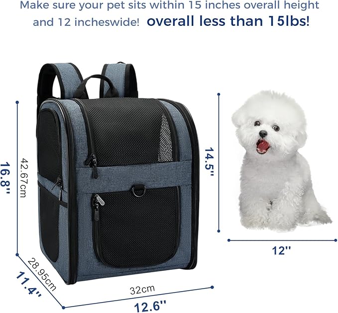 Apollo Walker Dog & Cat Carrier Backpack for 4-15lb Pets - Ventilated Safe Design with Padded Back Support, Breathable Mesh Pet Backpack for Hiking, Travel, Outdoor (Navy)-PawvioPets