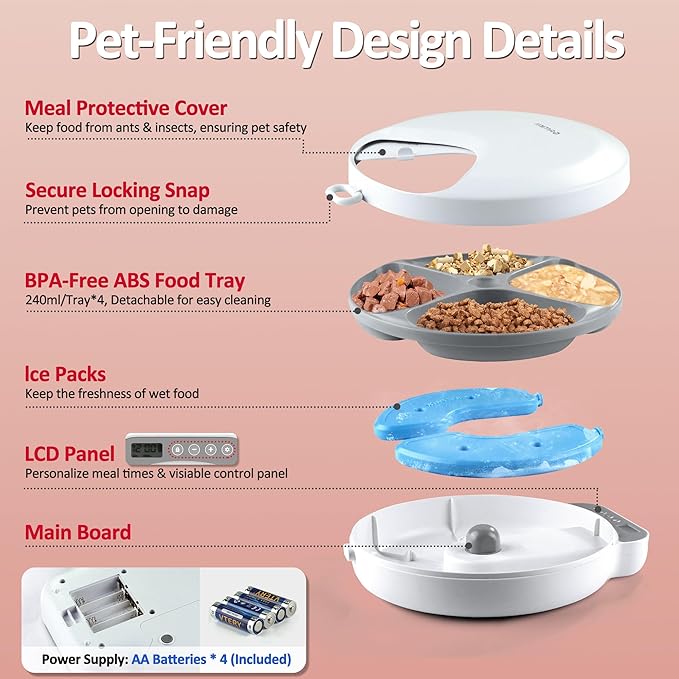 Automatic Cat Feeder Wet Food, Battery Operated Auto Wet/Dry Food Feeder with 2 Ice Packs, Cordless Programmable Timer Pet Auto Dispenser for Cat and Small & Medium Dog (4-Meals & Battery Included)-PawvioPets