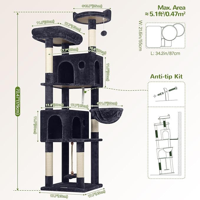 Globlazer Cat Tree, 70 inch Tall Scratching Tower Multi-Level Cat Condo for Indoor Multiple Cats with 2 Large Cat Caves, Top Perch, Large Platform, Bottom Swing, F70B, Dark Grey-PawvioPets