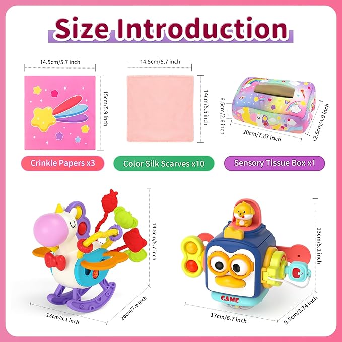 3 in1 Baby Toys 12 to 18 Months - Busy Board Sensory Toys, Tissue Box Toy, Pull String Teether, Learning Toy for Babies, Infant Gifts for 12 18 Months Old-PawvioPets