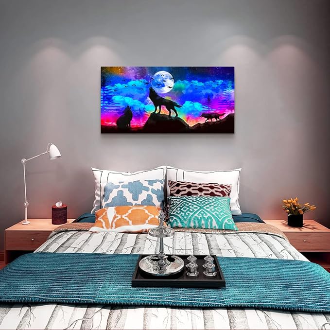 Canvas Wall Art For Living Room Family Wall Decor For Bedroom Modern Office Decorations Animal Wolf Wall Pictures Artwork Blue Starry Sky Scenery Painting Room Canvas Art Prints Home Decor 20" X 40"-PawvioPets