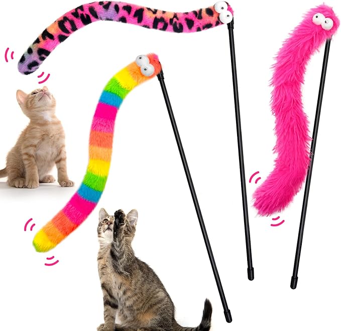 3 Pack Cat Wand Toy, Rainbow Cat Feather Toys with Bells, Teaser Wand with Soft Furry Tail, Interactive Toys for Indoor Cats & Kitten & Kitty-PawvioPets