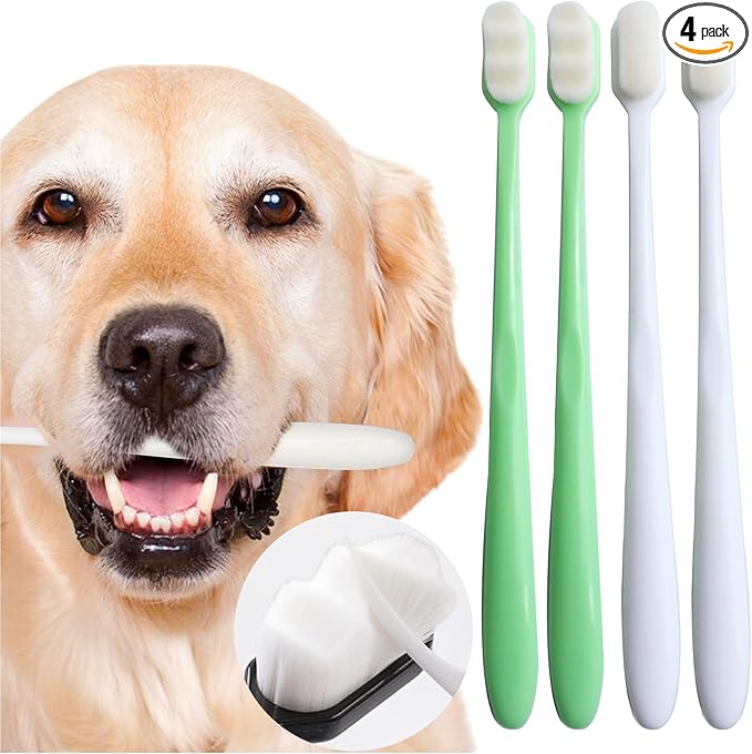 Dog Toothbrush Kit 4 Pack, 10,000 Ultra-Soft Bristles, Dog Tooth Brush for Medium to Large Dogs & Cats, Pet Tooth Brushing Kit for Easy Dental Cleaning, 2 Green Wave Head & 2 White Flat Head-PawvioPets