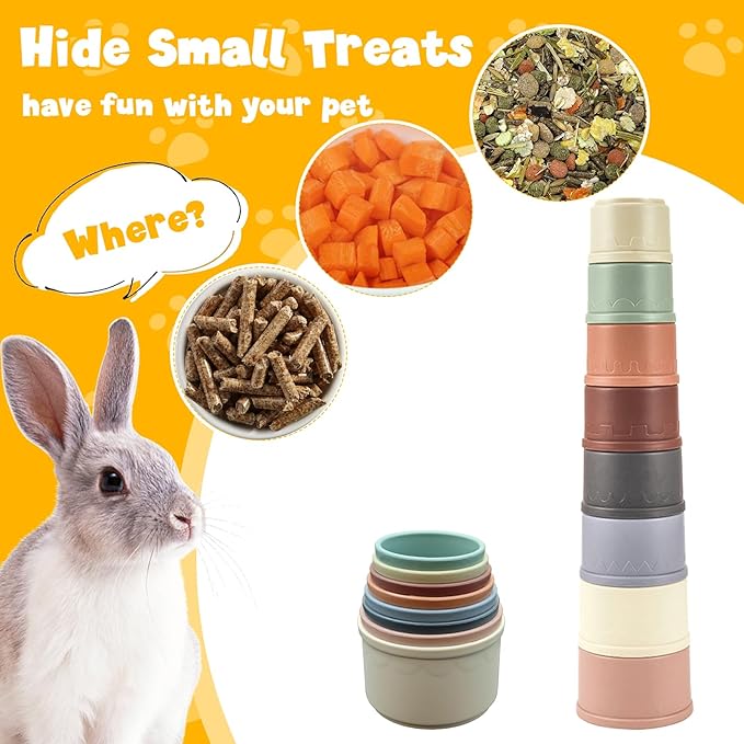 8 Pcs Stacking Cups for Small Animal Toys,Nesting Rabbit Toys of Different Sizes,Safe Plastic Colorful Nesting Toys for Bunny Guinea Pig Hiding Food and Playing-PawvioPets