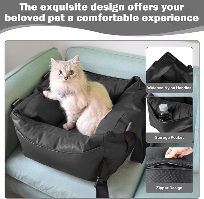 Dog Car Seat for Small Dogs, Large Leather Dog Car Bed with Storage Pocket, Waterproof PVC Leather Booster Seat Travel Bed for Front & Back Seat, Clip-On Safety Leash (Black)-PawvioPets