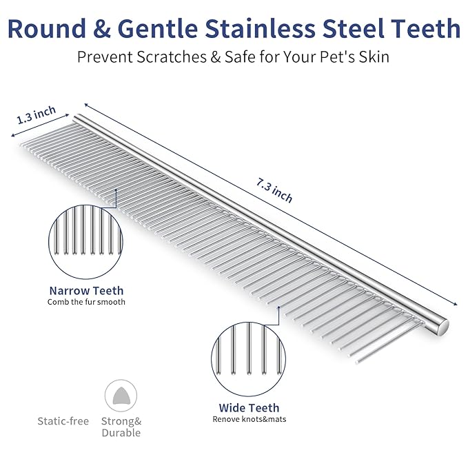 5 in 1 Dog Grooming Kit - Self-Cleaning Slicker Brush for Shedding Short Long Haired Dogs & Cats, Includes Pet Comb, Flea Comb, Bath Brush, Undercoat Rake - Complete Fur Care Set - Gray-PawvioPets