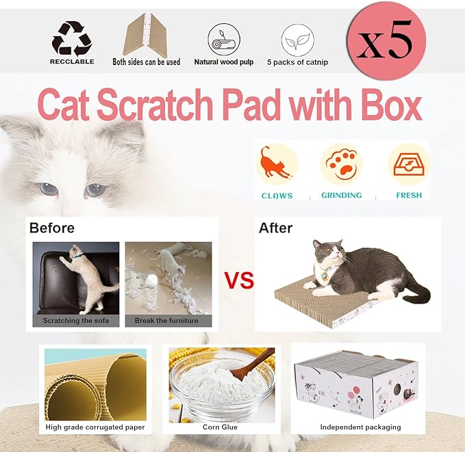 5 Packs in 1 Cat Scratch Pad with Box, Cat Scratcher Cardboard,Reversible,Durable Recyclable Cardboard, Suitable for Cats to Rest, Grind Claws and Play with Scratch Box-PawvioPets