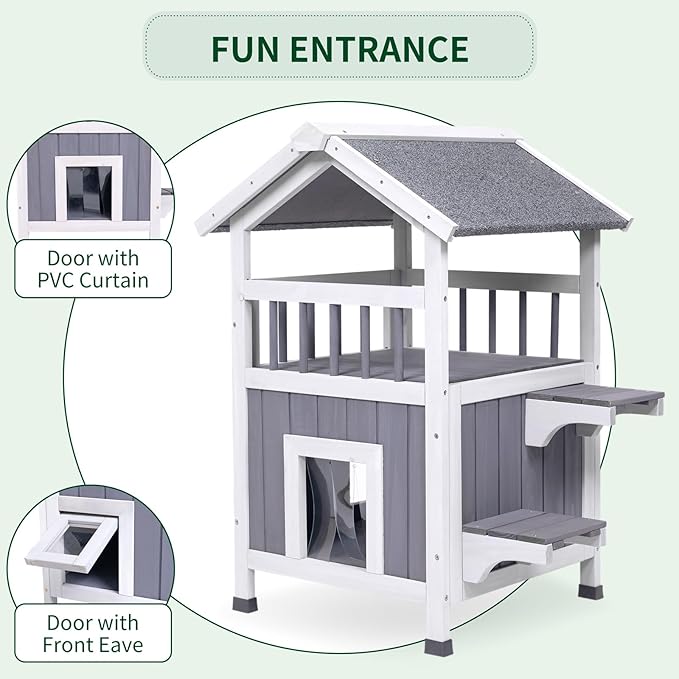 GEGURI Outdoor Cat House Weatherproof, Wooden Two-Story Feral Cat Shelter with, Escape Door, Balcony-PawvioPets
