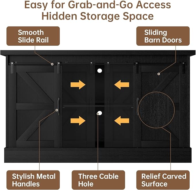 55-75 Gallon Fish Tank Stand with Sliding Barn Doors & Power Outlet, Heavy Duty Aquarium Stand with Cabinet Storage for Fish Tank, Turtle Tank, Reptile Terrarium, 1000LBS Capacity, Black-PawvioPets