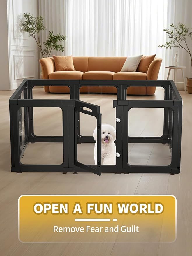 Dog Playpen, Clear Acrylic Plastic Puppy Playpen Indoor, Pet Pen for Puppy Cat Bunny, Transparent Easy Assemble Foldable Whelping Box for Dogs, Puppy Playpen with Gate (23.6" Height, 10PCS)-PawvioPets