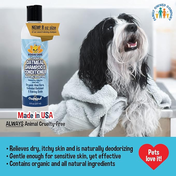 Bodhi Dog Oatmeal Shampoo & Conditioner - Hypoallergenic Formula - Naturally Deodorize Dogs, Cats & Pets - Made w/Organic Ingredients - Moisturizes Dry & Itchy Skin - Made in USA (Oatmeal, 8 Fl Oz)-PawvioPets