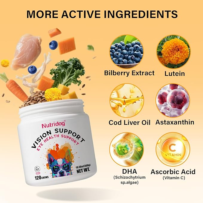 Eye Supplements for Dogs - Vision Support Soft Chews with Lutein, DHA & Vitamin C | 120ct Salmon Flavor Tear Stain Chews | Cataract & Dry Eye Relief Supplement (120 Ct, Salmon)-PawvioPets