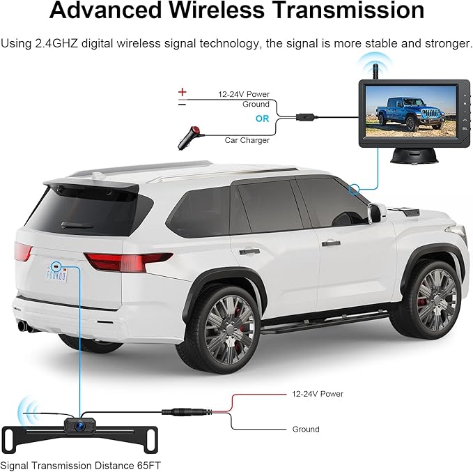 Fookoo HD 1080P 5-inch Wireless Backup Camera, 5" Split Screen Monitor Rear View Licence Plate Camera, DIY Guide Lines Wide Angle IP69 Waterproof Easy to Install for Car Pickup Van SUV - DW5CT-PawvioPets