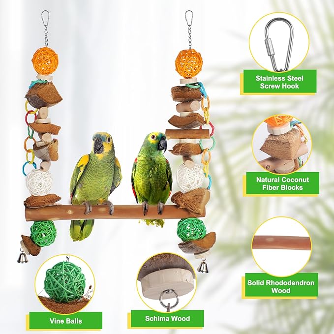 3-in-1 Parrot Toys Natural Coconut Fiber Parrot Hammock (Swing + Perch + Chew Toy) Natural Bird Perches for Medium Large Birds - 23" Bird Toys for Parrots Stand-PawvioPets