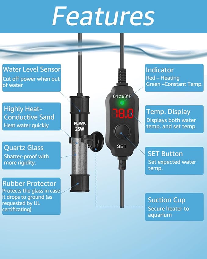 25W Adjustable Aquarium Heater Super Short Submersible Fish Tank Heater Fish Heater with LED Digital Display Thermostat, for Tanks 3-5 Gallons-PawvioPets