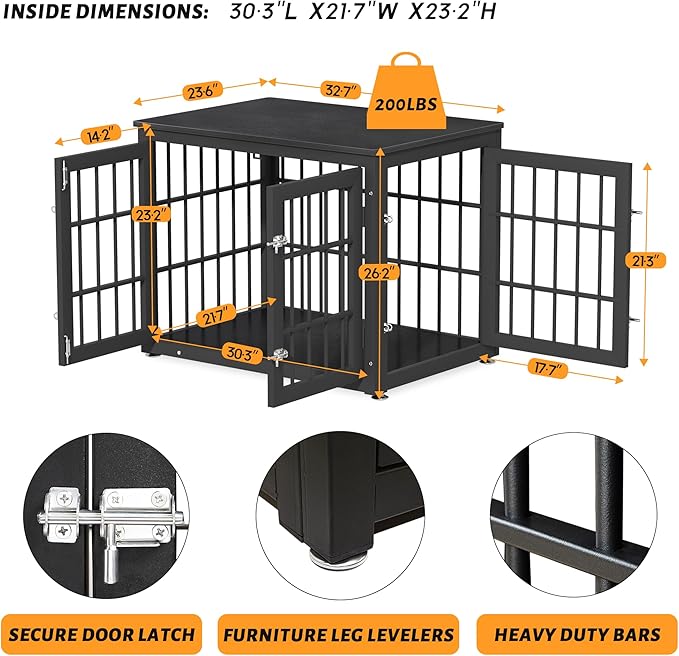 32 Inch Heavy Duty Dog Crate Furniture for Medium and Small Dogs, Decorative Pet House End Table, Wooden Cage Kennel Furniture Indoor, Black-PawvioPets