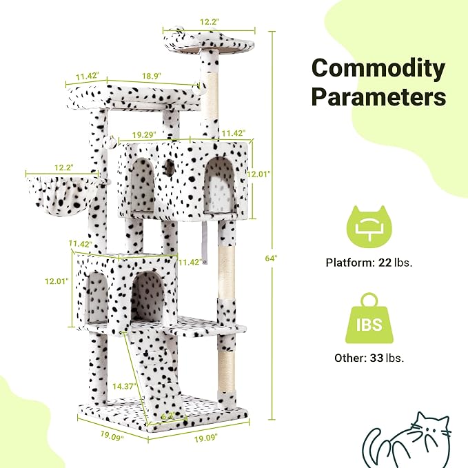 Allewie 64 Inches Cat Tree Tower/Multi-Level Activity Center for Indoor Big Felines/2 Plush Condos/2 Perchs/Basket/House/Sisal Scratching Posts/Hanging Cat Toys/White & Black Spot-PawvioPets