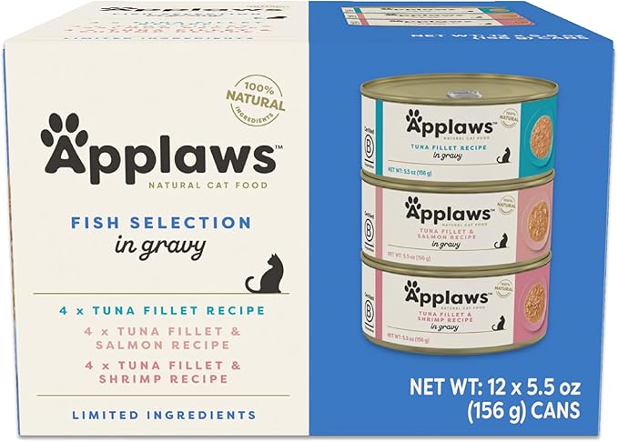 Applaws Natural Wet Cat Food in Gravy, Limited Ingredient Canned Wet Cat Food, No Additives, Made with Natural Ingredients, Fish Selection in Gravy Cans (12 x 5.5oz Cans)-PawvioPets