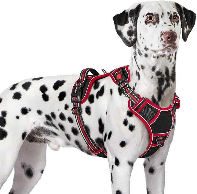 Eagloo Dog Harness for Large Dogs, Easy Wearing with 3 Buckles, Adjustable No Pull Pet Harness with 2 Rings for Walking, No Chock Reflective Soft Padded Vest with Control Handle, Black & Red, XL-PawvioPets