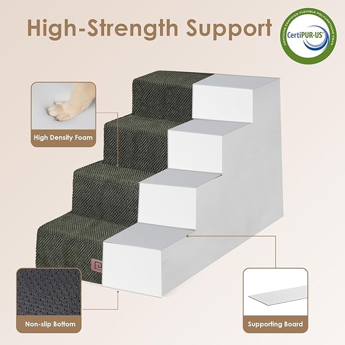 EHEYCIGA Dog Stairs for Bed 20" H, 4-Step Extra Wide Dog Steps for High Bed, Pet Steps for Small Dogs and Cats, Non-Slip Balanced Pet Ramp Indoor, Olive Green-PawvioPets