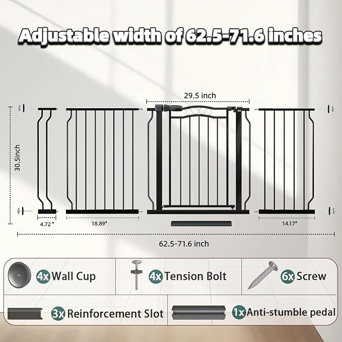 62.5"-71.6" Extra Wide Baby Gate for Doorways No Drill, Pressure Mounted Dog Gate Indoor, Walk Thru Pet Gate for Cat Dog Child,Pet Gates for The House Doorway Black-PawvioPets