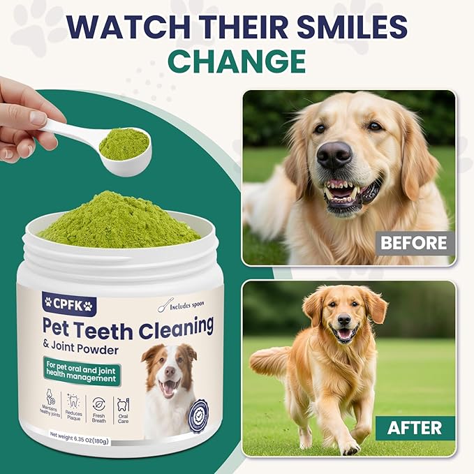 Dental Cleaning Joint Powder for Dogs - 6.35OZ Dog Dental Cleaning Powder with Probiotics to Lighten Bad Breath and Control Plaque Tartar Supports Dog Dental Care and Joint Health-PawvioPets