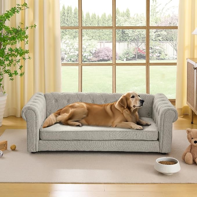 Dog Sofa Couch for Medium to Large Dogs, 55" Memory Foam Pet Sofa Couch with Washable Fabric, Durable Elevated Dog Bed with Legs, Removable Cushion for Medium and Large Dogs, Beige-PawvioPets