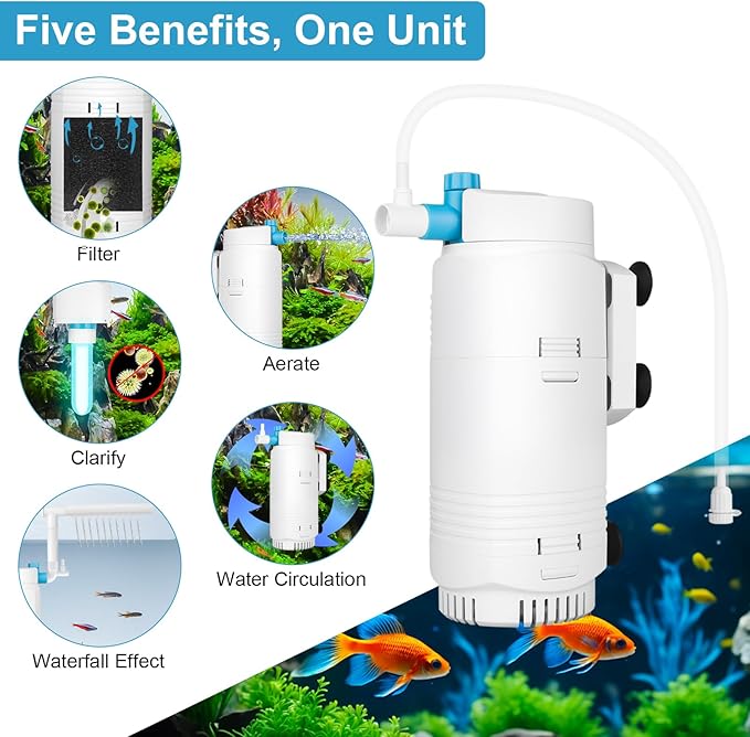Aquarium Filter with U-V Light & Timer for 4–40 Gallon Fish Tanks, Submersible Internal Filter with Flow Control, Sponge Filtration & Aeration, Quiet Power Pump for Freshwater Saltwater Tanks-PawvioPets