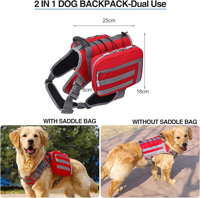 BYGD Dog Hiking Backpack, Dog Backpack for Medium to Large Dogs, with Large Capacity, 2 Spacious Side Bags for Walking, Training, Running, Harnessing Outdoor Hiking (L XL Red).-PawvioPets