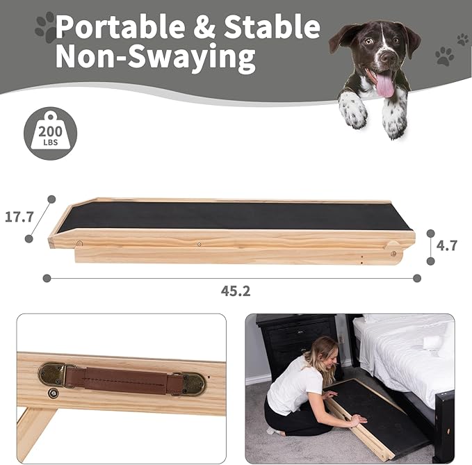 Folding Wooden Dog Ramp for Bed, Couch & Car,45IN Long- 5 Level Adjustable Pet Ramp, Non-Slip Rubber Mat, 17.7'' Extra Wide - Supports Small & Large Senior Dogs & Cats up to 200 lbs-PawvioPets