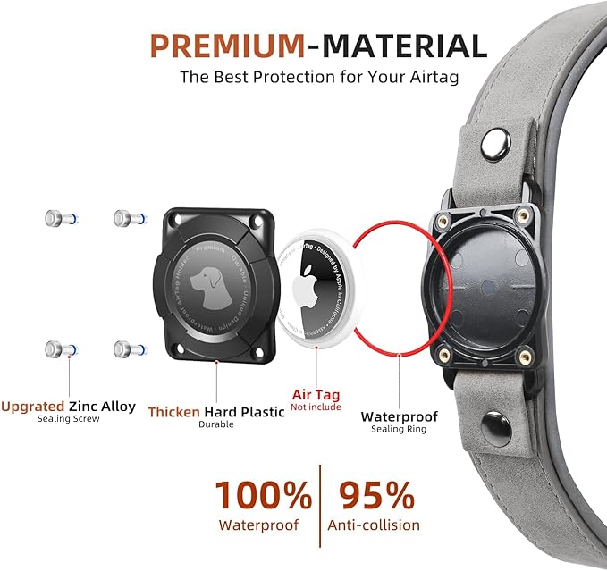 AirTag Dog Collar - Leather Dog Collar with Air Tag Holder | IPX8 Waterproof, Reflective, High - End, Adjustable Soft Padded | Dog GPS Tracker Collars Fit for Medium Large Dogs (Grey, XL)-PawvioPets
