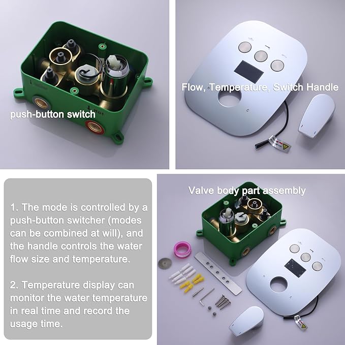 Digital Display Chrome Shower System with 12 inch Ceiling Mounted Shower Head and 8 inch Wall Mounted Shower Head, with Handheld Shower-PawvioPets