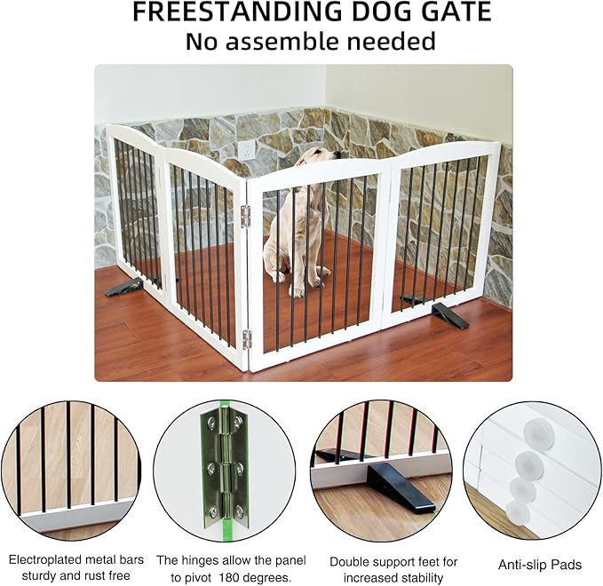 Freestanding Panel Dog Gate for Indoor, Doorways, Stairs, or Hallways - Foldable Wooden Pet Fence With Support Feet - 24" Height, 4 Panels, White-PawvioPets