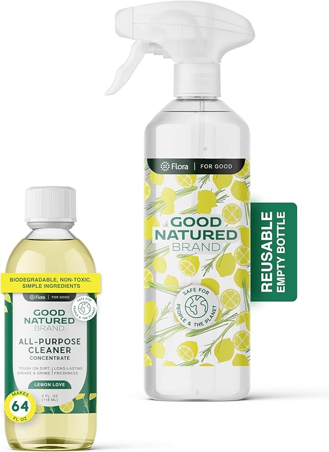 Good Natured Brand All-Purpose Cleaner Concentrate + 16 oz Bottle | Multi-Surface Cleaner | Natural Lemon Essential Oil | Multipurpose Cleaner All Surfaces | Lemon Love | 4oz makes 64oz-PawvioPets