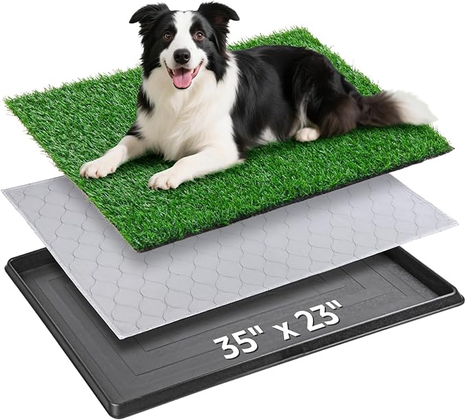 Dog Grass Pet Loo Indoor/Outdoor Portable Potty, Dog Litter Box Full Potty System with Trays, Artificial Grass Patch Balcony Mat and Washable Pee Pad for Puppy Training, Pet Toilet (Tray 35''x23'')-PawvioPets