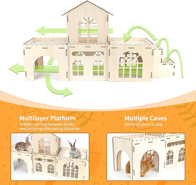 Extra Large Bunny Castle Hideout, Wooden Bunny House and Hideouts Detachable Rabbits Hideaway, Indoor Rabbit Castles Sturdy Small Animal Play Hideaway Hut for Rabbits, Guinea Pigs, Chinchillas-PawvioPets