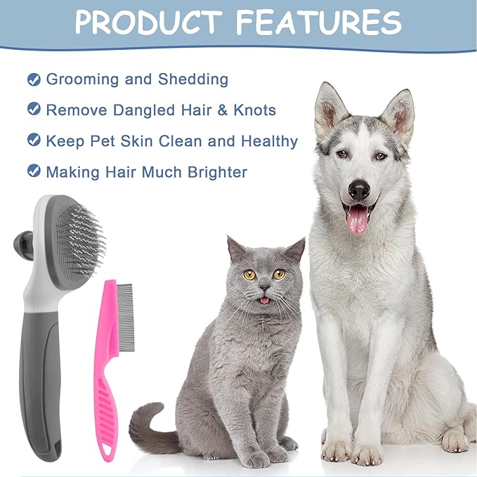 Cat Brushes for Indoor Cats, Dog Brush for Shedding with Metal Cat Comb, Self Cleaning Pet Hair Brush with Release Button for Grooming Kitten(Dark Grey)-PawvioPets