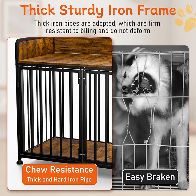 Dog Crate Furniture End Table with Table Guardrail, Heavy Duty Large Dogs Cage, 42 Inch Dog Kennel, Medium Large Dogs House Decorative Pet Crate Indoor-PawvioPets