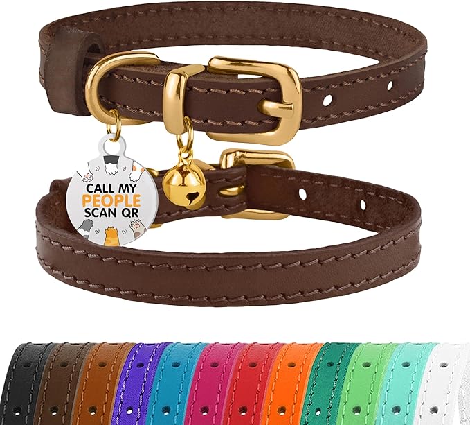 BRONZEDOG Leather Cat Collar with Removable Bells Non Breakaway Kitten QR Tag for Girl Boy (7" - 9" for Cats, Dark Brown & Gold)-PawvioPets