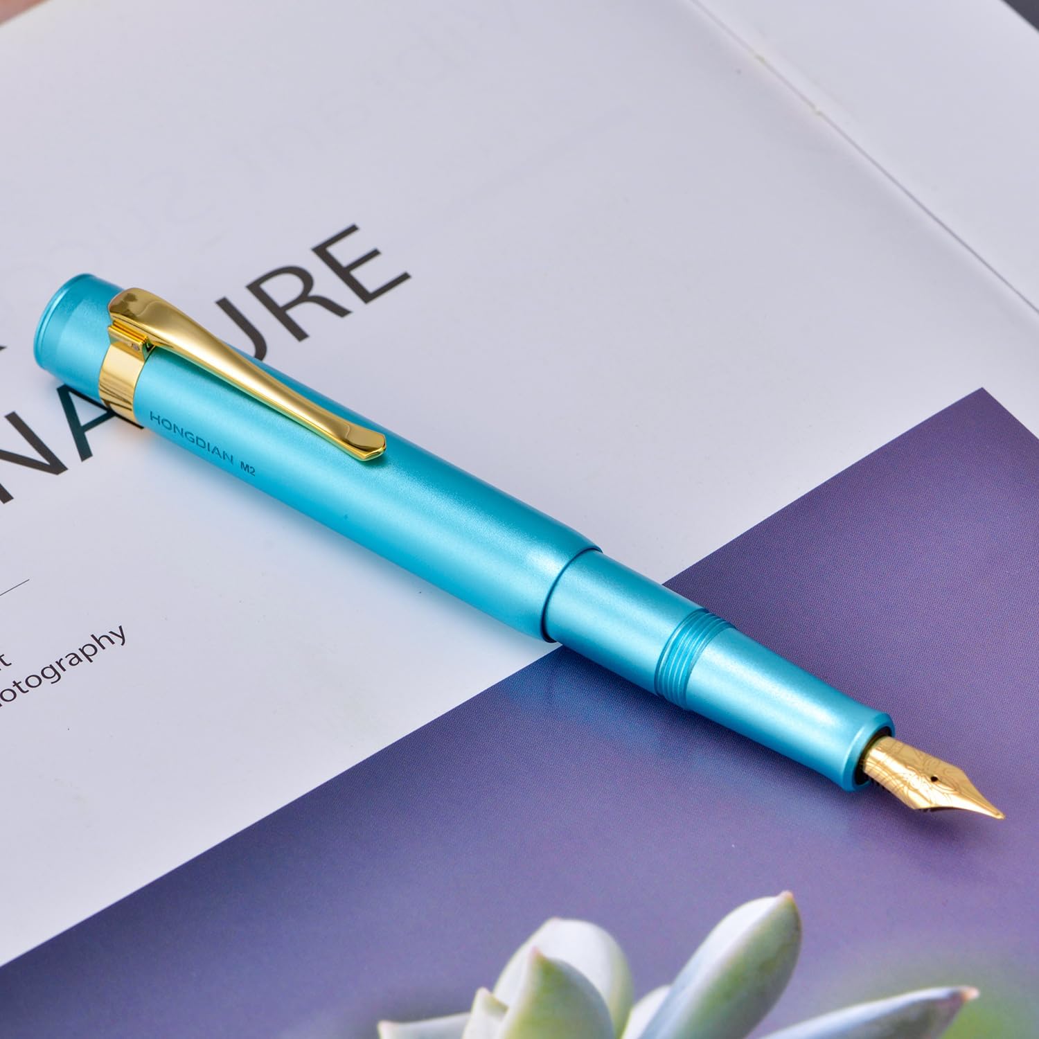 HONG DIAN M2 Black Forest Mini Fountain Pen, Bent Nib & Sleek Shape Aluminium Short Pocket Travel Pen (Lake Blue)