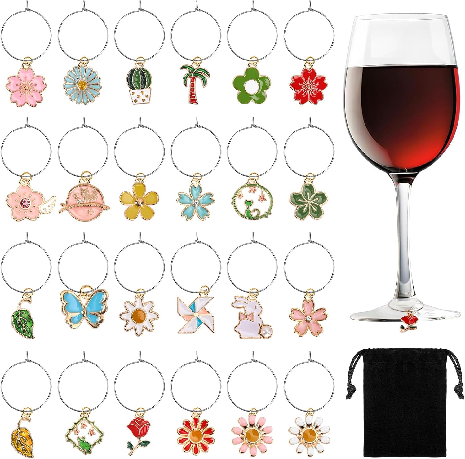SANNIX Spring Floral Wine Charms - 24pcs Stem Glass Charms for Wine Tasting Party Decorations