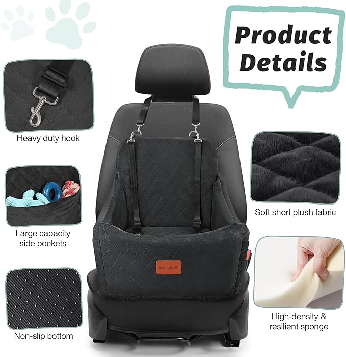 Dog Car Seat for Dogs Up to 35lbs,Fully Detachable and Washable,Memory Foam Covered Soft Fabric,Easy to Install with Adjustable Straps,Anti-Slip Bottom,Two Side Pockets(Black,Medium)-PawvioPets