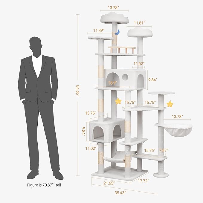85in Tall Cat Tower for Heavy Duty Big Cats, Large Cat Tree with Scratching Post, Plush Perches, Cozy Cat Condos & Hanging Hammocks for Maine Coon, White-PawvioPets