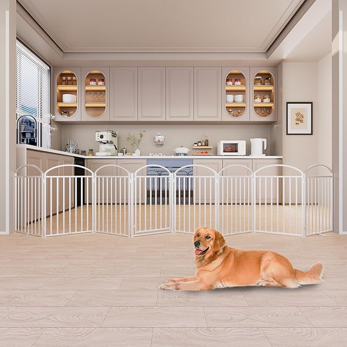 8 Panles Full Matel Freestanding Dog Gates with Door, 192"Extra Wide 32"Tall Free Standing Dog Pet Gate for Indoor & Outdoor. Foldable Pet Fences for Doorways, House, Stairs, Porch, Deck, Yard-PawvioPets