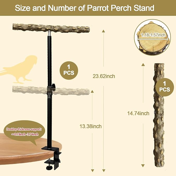 13-23 Inch Height Adjustable Desktop Bird Perch Pepper Wood Bird Training Perch Stand Parakeet Perches Indoor and Outdoor Parrot Stands for Small to Medium Bird-PawvioPets