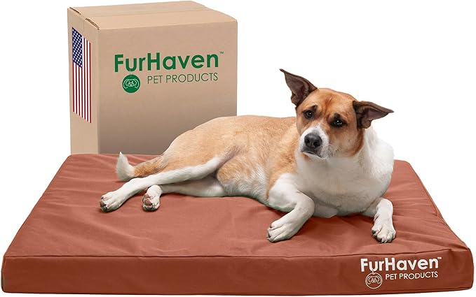 Furhaven Water-Resistant Cooling Gel Dog Bed for Large/Medium Dogs w/ Removable Washable Cover, For Dogs Up to 55 lbs - Indoor/Outdoor Logo Print Oxford Polycanvas Mattress - Chestnut, Large-PawvioPets
