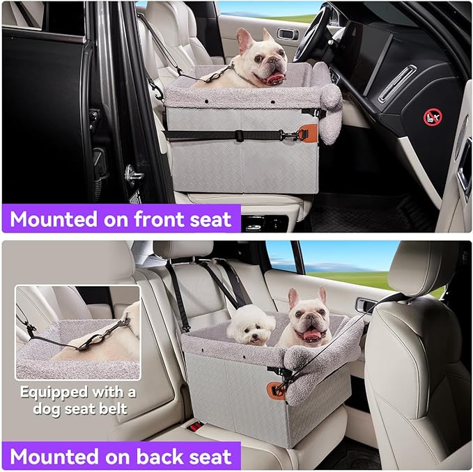 Dog Car Seats for Small Medium Dogs,PU Leather Car Seat Boosters,Foldable Puppy Cat Carseats (Grey, Medium Dog)-PawvioPets