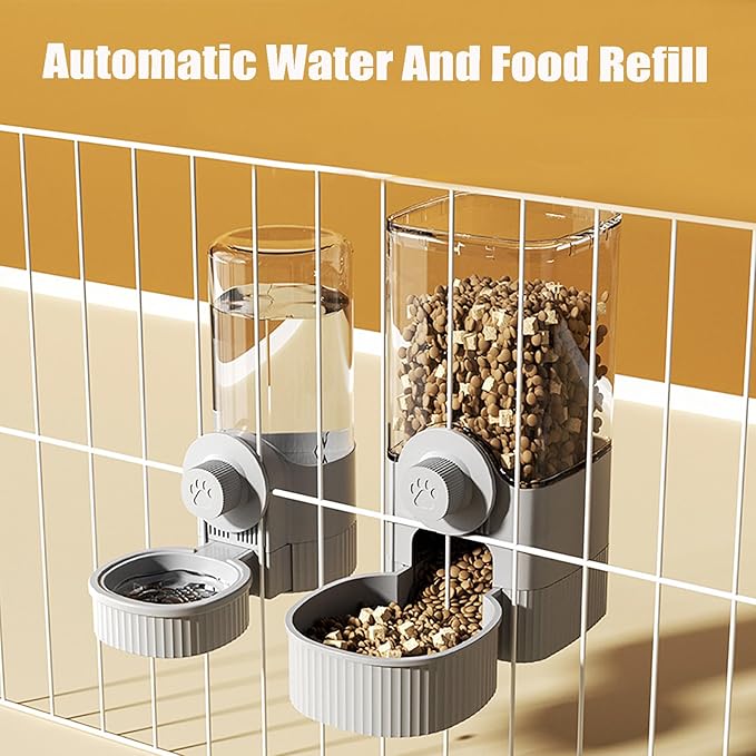 GKYZBB Hanging Automatic Food Water Dispenser,Rabbit Feeder Guinea Pig Water Bottle Food Feeder for Ferret Guinea Pig Rabbit Bunny Cage Accessories (Grey, 520ml+1200ml)-PawvioPets