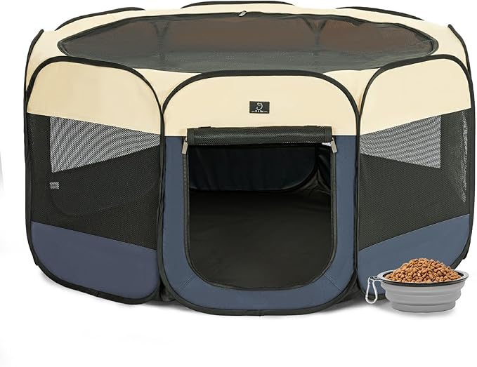 A4Pet Collapsible Playpen, 39.5” Portable Dog Playpen with Bowl, Suitable for Puppies, Kittens, and Small Animals, Removable Zipper & Mesh Panel(16”W × 10”H)-PawvioPets